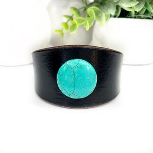 MishaGirl Handmade Black Leather Cuff Bracelet Turquoise Color Bead